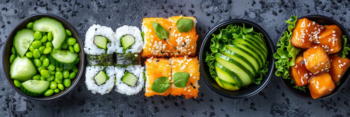 A selection of various sushi rolls, sashimi, and fresh vegetables presented in elegant black bowls. The colorful and fresh ingredients showcase the artistry of Japanese cuisine