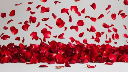 Red Rose Petals Falling Over Fresh Roses in a Romantic Floral Display