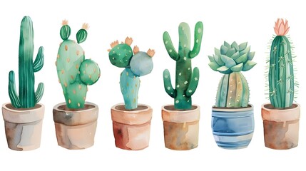 Vibrant Collection of Potted Cacti and Succulents Showcasing Diverse Desert Plant Life in Rustic Ceramic Containers