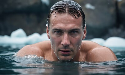 Focused Swimmer in Cold Water with Icy Background