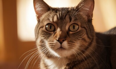 Close-Up Portrait of a Curious Tabby Cat with Striking Green Eyes