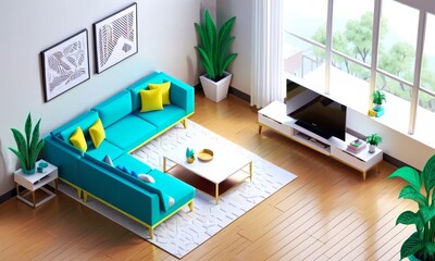 3D Render of Modern Living Room with Teal Sofas and Vibrant Decor