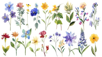 Vibrant Botanical Bouquet of Diverse Floral Blossoms and Foliage in Natural Watercolor Style