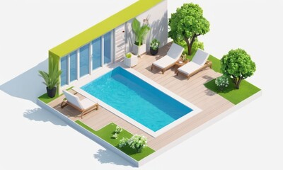 3D Render of Modern Outdoor Pool Area with Sun Loungers and Greenery