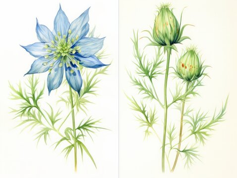 Black cumin is a flowering plant in the buttercup family, native to the Mediterranean and Western Asia, watercolor