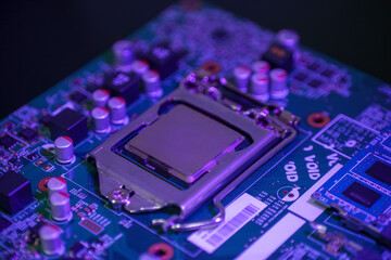 Close-up view of a computer’s central processing unit (CPU) mounted on a motherboard