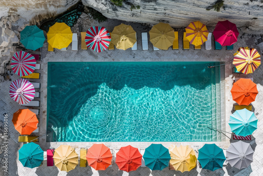 Poster Aerial perspective showcasing a swimming pool adorned with vibrant umbrellas, creating a colorful and inviting atmosphere