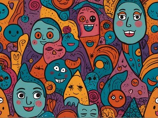 Naklejka premium Colorful illustrations seamless pattern of cartoon characters with colorful faces with many emotions.