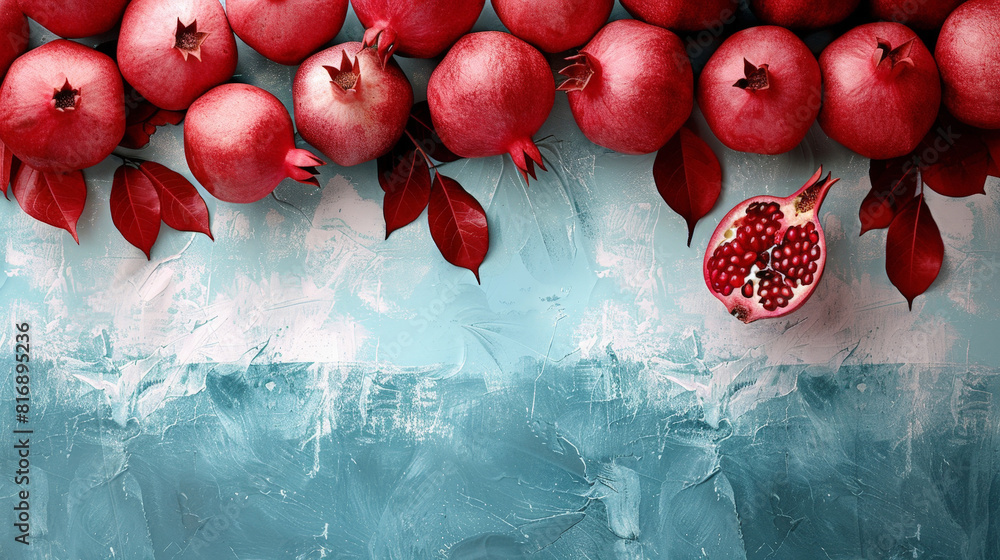 Poster fresh red pomegranates lying on a vibrant blue background, creating a striking contrast in colors. t