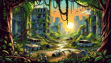 A scene from a post-apocalyptic world where nature has regained control.