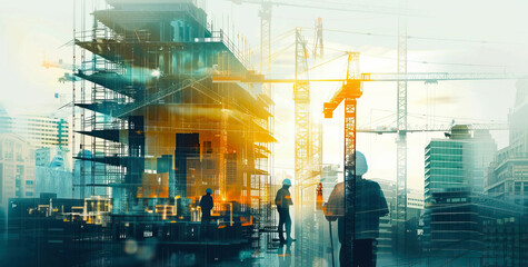 Double exposure of building construction with civil engineers, architects, builders.