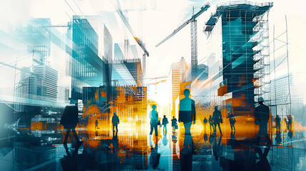 Double exposure of building construction with civil engineers, architects, builders.