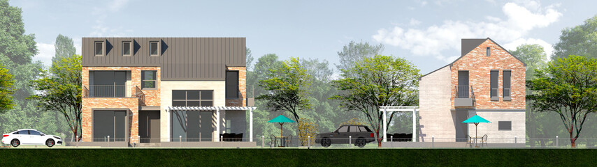 houses in the village, Facade illustraton of a modern single house in the forest
