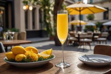 A mimosa in a champagne flute, set on a brunch table with a blurred background of a chic café or outdoor brunch setting