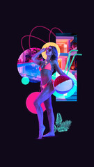 Contemporary art collage. Overjoyed young lady in swimming suit stands with beach ball near pool against black background. Concept of summer vibe, party, Friday mood, music and dance. Neon elements.