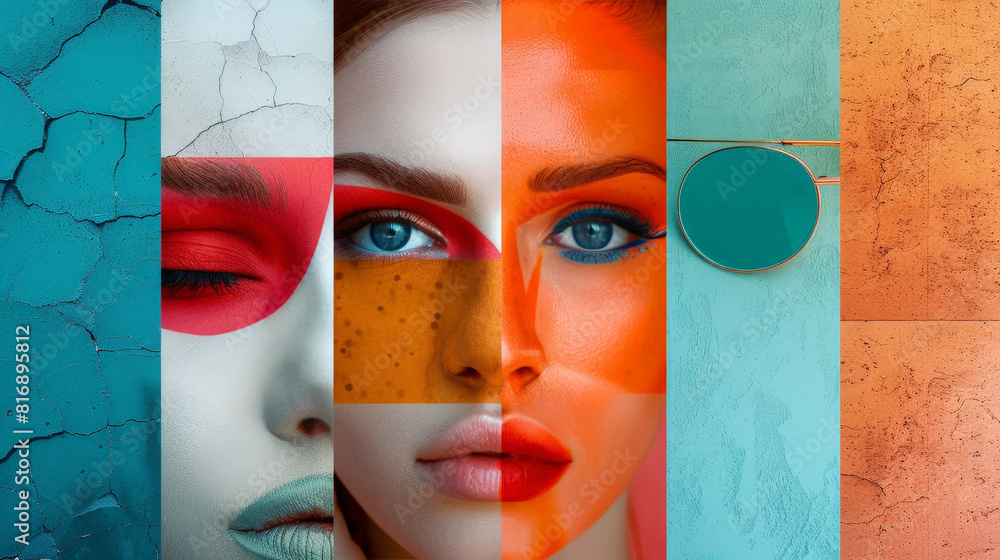 Poster a close-up of a woman's face divided into four sections, each with a different color and texture