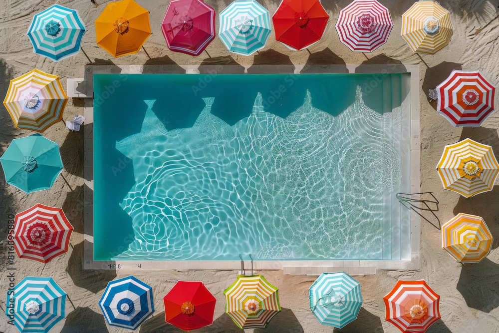 Poster a vibrant swimming pool filled with colorful umbrellas, showcasing a relaxing atmosphere on a sunny 