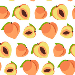 A pattern of colored peaches, whole and in section. Delicate colors, detailed texture, realistic shading of fruits with leaves. Vector illustration in a pair. Colored delicate fruits are highlighted