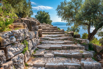 "Moss-filled cracks in the ancient stone staircase leading to a castle tower."