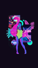 Contemporary art collage. Woman in swimsuit standing confidently with pink flamingo pool float against black background. Concept of summer vibe, party, Friday mood, music. Abstract neon elements.
