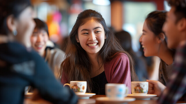A lively depiction of young people from various countries sharing stories and laughter over coffee