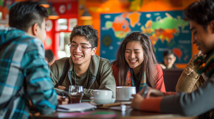 A lively depiction of young people from various countries sharing stories and laughter over coffee