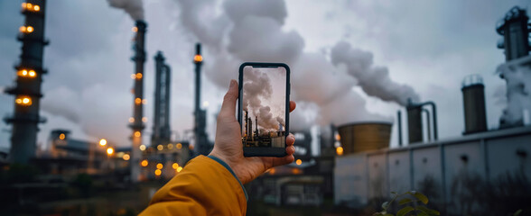 industrial smokestacks releasing emissions. reporter hand holding a smartphone capturing air pollution from industrial factory. environmental impact, global warming and sustainability.