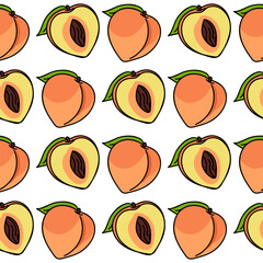 A pattern of colored peaches with a contour, whole and in section. Bright colors, detailed texture, realistic shading of fruits with leaves. Vector illustration in a seamless texture for printing
