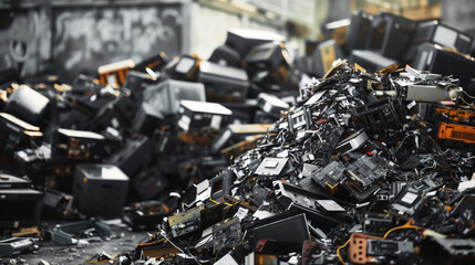 A large pile of discarded electronic waste, including old computer parts and circuit boards, in an...