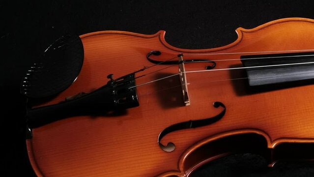 primo piano di violino su fondo nero, spazio per testo