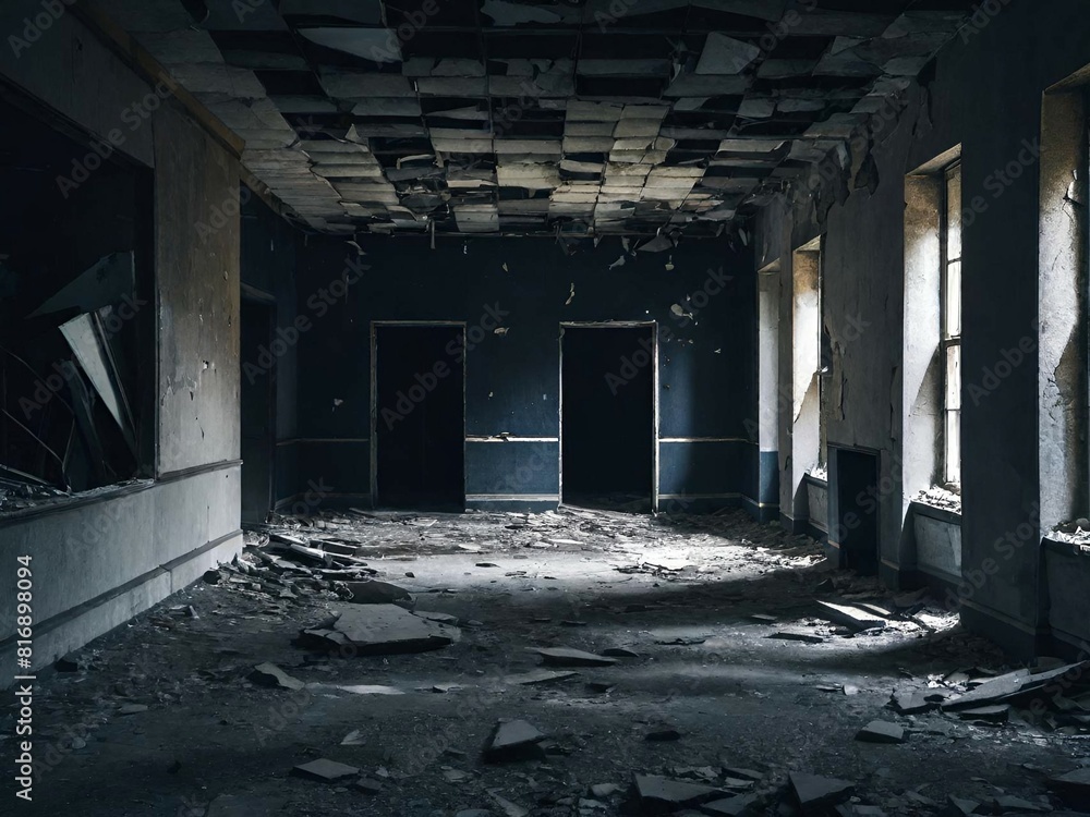 Poster interior view from an empty corridor with abandoned walls and broken windows