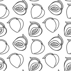 A pattern of peaches with a contour, whole and in section. Linear fruits with leaves are made in monochrome color. Vector illustration paired in a pattern. Fluffy fruits in a seamless texture