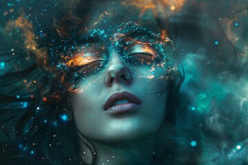 Artistic portrait of a woman with glowing, starry makeup in a mystical blue ambiance