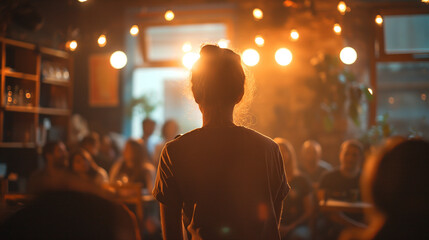 expressive image of a young person performing poetry with a captivated audience