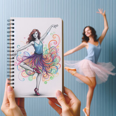 Art Meets Reality: Person Mirroring a Colorful Dancer Drawing in a Spiral Notebook