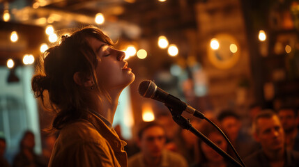 expressive image of a young person performing poetry with a captivated audience