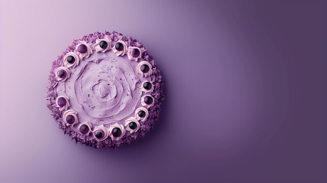 Flatlay Halloween cute purple eyes cream cake pie with frosted icing blank violet mauve background for simple October 31st party bakery banner recipe lux decorating mockup empty center for words font