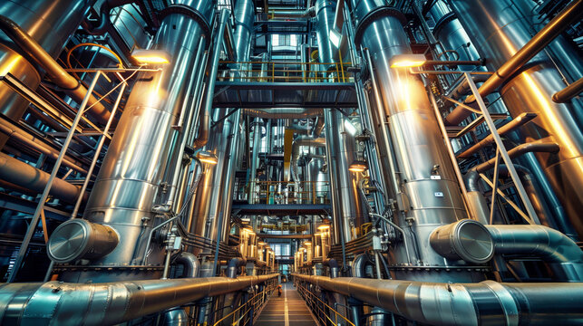 Interior view of an industrial facility featuring numerous large metal pipes, tanks, and walkways with modern lighting. The complex layout indicates a sophisticated processing plant.