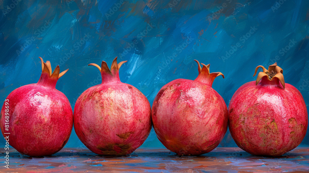 Poster four ripe pomegranates neatly lined up in a row on a vibrant blue background. the fruits are smooth,