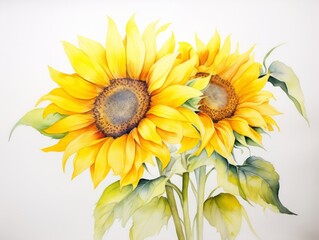 Naklejka premium Two watercolor sunflowers on a white background.