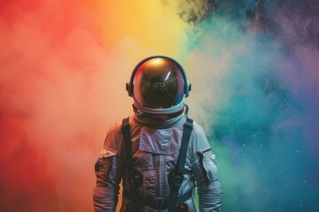 Astronaut in a suit stands before a surreal nebula of vivid colors