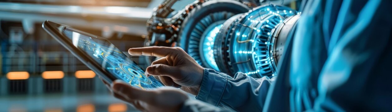 An aerospace engineer reviewing a digital twin of an aircraft engine, conducting stress tests and efficiency simulations on a tablet, Close up