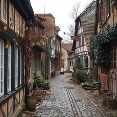 Fototapeta premium A cobblestone street in a historic European town, with charming old buildings