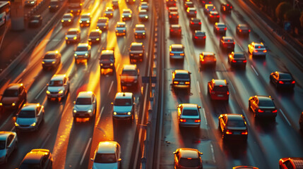 Obraz premium Heavy traffic on a multi-lane highway during sunset, with vehicles reflecting the golden sunlight. The scene captures the urban congestion characteristic of peak hours.