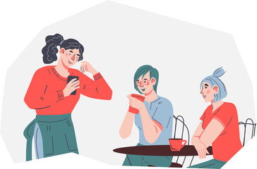 Restaurant service scenery with waitresses serving customers at table. Coffee house, restaurant service.