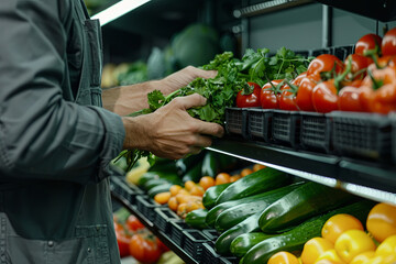 Worker standing in front of a shelf, carefully arranging vegetables and fruits, emphasizing the variety of colors - Powered by Adobe