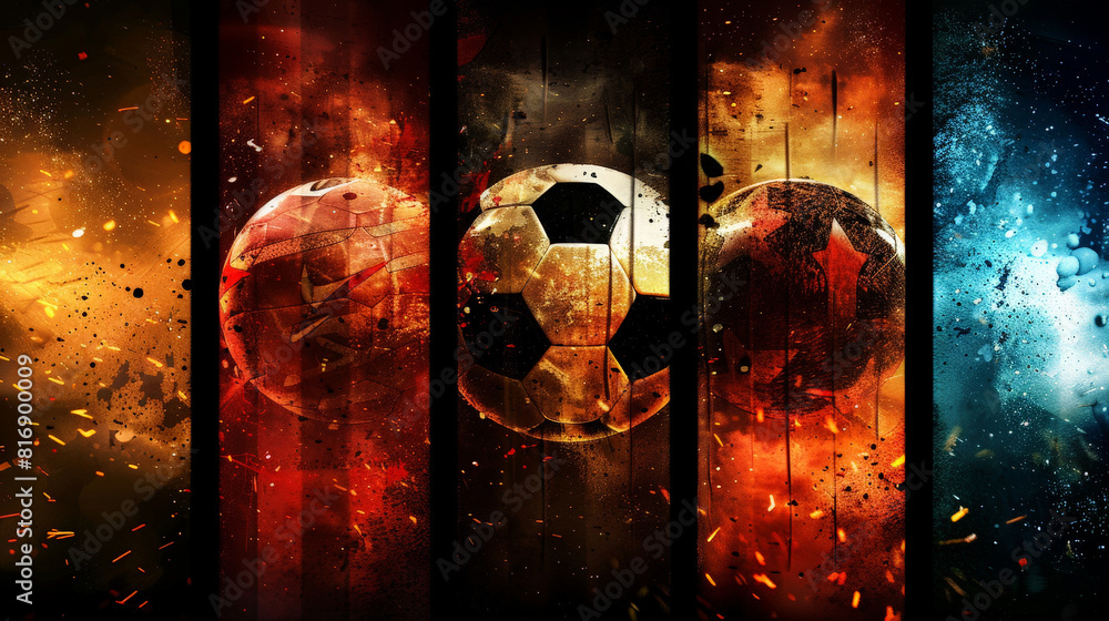 Poster A series of soccer balls engulfed in flames and explosions, creating a dynamic and intense visual spectacle. The balls appear to be mid-flight, adding to the dramatic nature of the scene