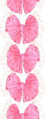 Hand drawn watercolor pink vintage bow with lace bow seamless border isolated on white background. Can be used for wrapping, scrapbook and other printed products.