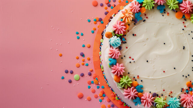 Flatlay Halloween rainbow colou swirl buttercream circle cake with frosting icing blank pink background for birthday fall party bakery banner dessert decorating mock empty center for words above