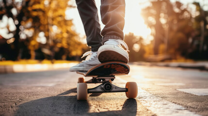 Close-up of a person riding a skateboard on an asphalt surface during sunset, showing legs and shoes, with a warm, blurred background. - Powered by Adobe